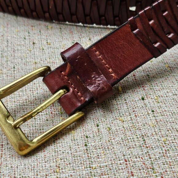 Genuine Leather Belt Brown Braided Unisex Gold Tone Solid Brass Buckle Waistband - Picture 6 of 12